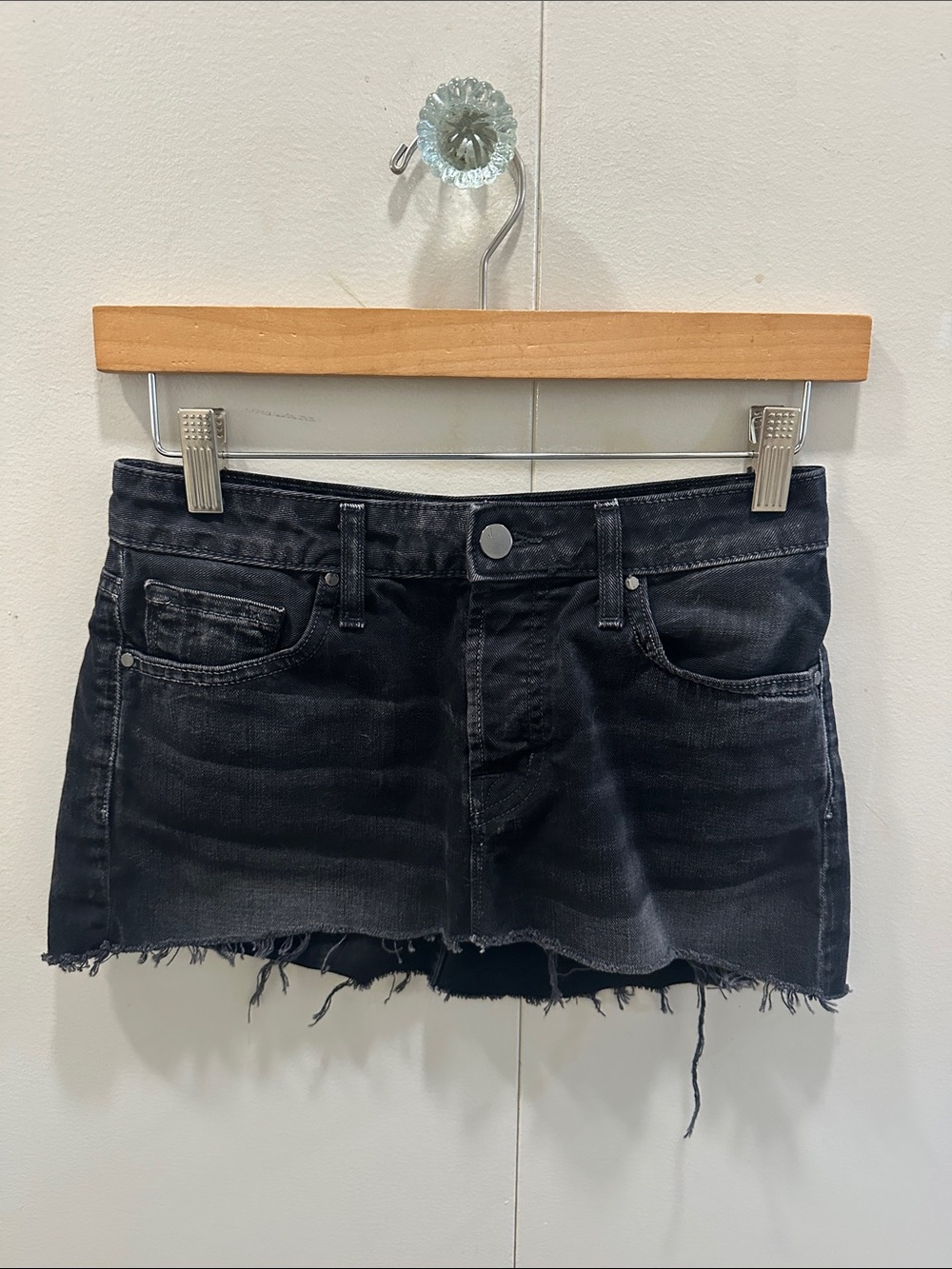 J Brand Washed Black Denim Frayed Mini Skirt